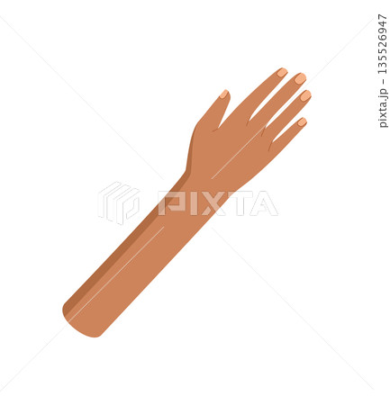 Raised hand illustrated in flat cartoon graphic style with detailed human arm and gesture. Fingers and symbolic shape emphasize communication unity. Perfect for creative projects, social themes, 135526947