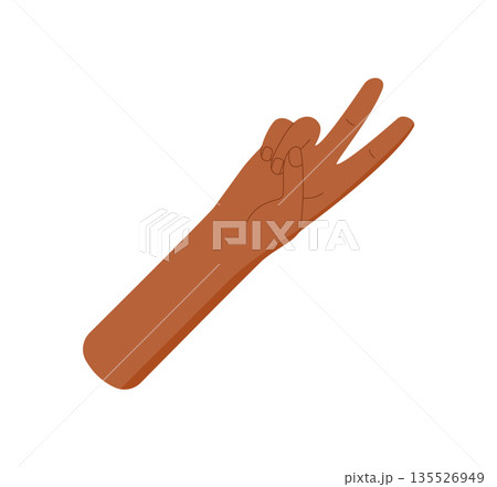 Flat hand with brown bare skin. Gesture with fingers showing number two in isolated style. Body part signal pose, basic visual for count or math. Minimal concept for education or announcement. Flat hand with brown bare skin. Gesture with fingers showing number two in isolated style. Body part signal pose, basic visual for count or math. Minimal concept for education or announcement. 135526949