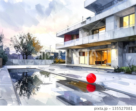 夕暮れの静かな団地と水たまり 135527081