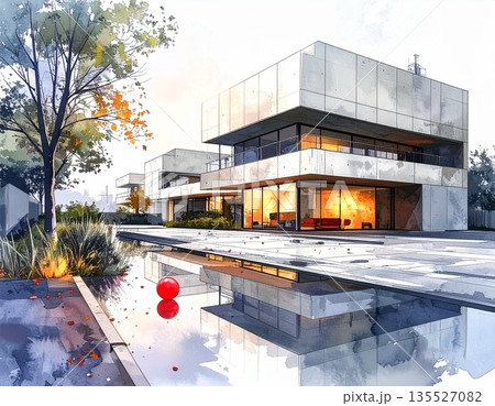 夕暮れの静かな団地と水たまり 夕暮れの静かな団地と水たまり 135527082