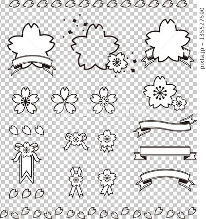 Cherry blossom icon and ribbon decoration set. Vector illustration of header ribbon and frame. 135527590
