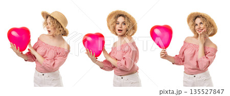 Set, Valentines Day, girl enjoying heart-shaped balloons, PNG 135527847
