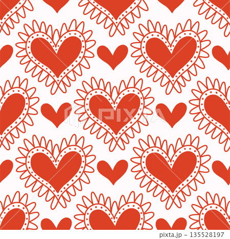 Vector seamless pattern with decorative hearts in a whimsical doodle style. Romantic pink and red design inspired by folk art, perfect for Valentines Day, wrapping paper, textiles, and branding 135528197