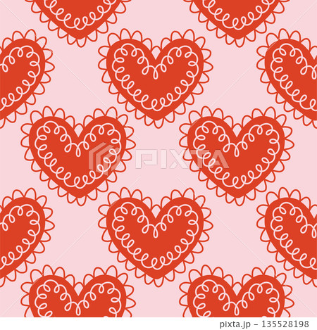 Vector seamless pattern with decorative hearts in a whimsical doodle style. Romantic pink and red design inspired by folk art, perfect for Valentines Day, wrapping paper, textiles, and branding 135528198