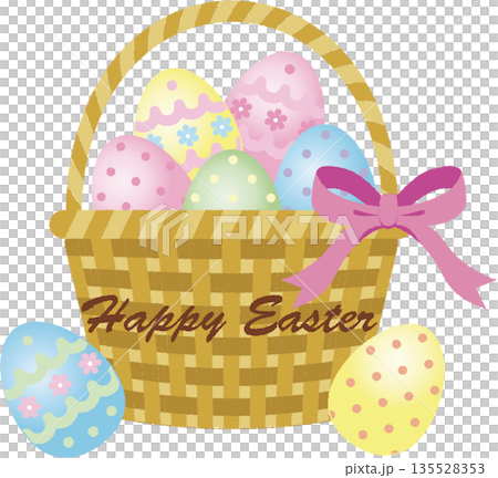 イースターエッグ　バスケットに入ったカラフルな卵と「Happy Easter」のロゴ入りイラスト素材 135528353