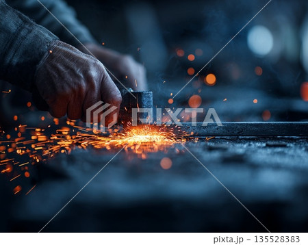 火花を散らす熟練の溶接技術、町工場の職人による精密金属加工 火花を散らす熟練の溶接技術、町工場の職人による精密金属加工 135528383