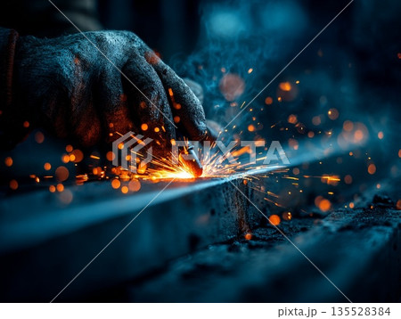 火花を散らす熟練の溶接技術、町工場の職人による精密金属加工 135528384