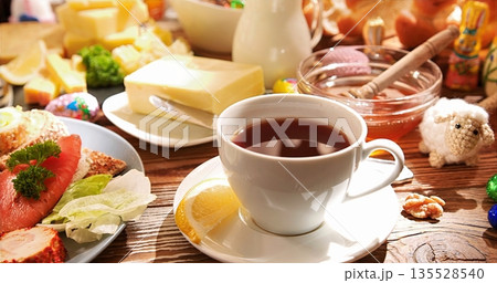 Traditional Breakfast Setup With Natural Ambiance, Elegant Rustic Setting For Peaceful Morning Meal 135528540