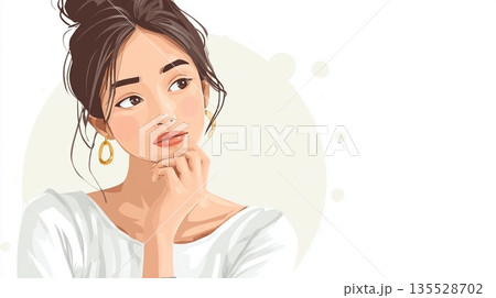 悩む若い日本人女性のイラスト｜考える・不安・ビジネスイメージ 135528702