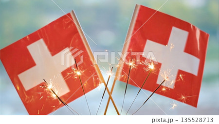 Festive Flags Sparkle, Celebration With Glowing Banners, Bright Festival Scene With Illuminated Handheld Flags 135528713