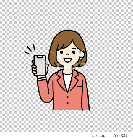 一位年輕女商人面帶微笑，展示她的智慧型手機螢幕的向量插圖（彩色） 135528892