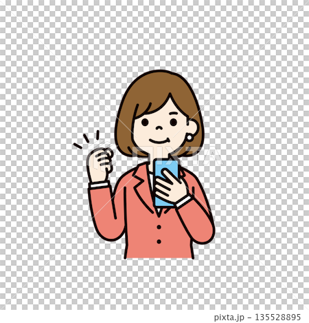 Vector illustration of a businesswoman holding a smartphone and making a fist pump_Color 135528895