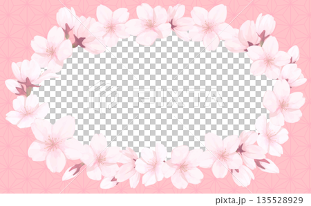 Hand-painted cherry blossom Japanese pattern oval frame_outer pink background Hand-painted cherry blossom Japanese pattern oval frame_outer pink background 135528929