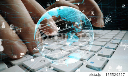 Futuristic Digital Communication Concept with Hands Typing on Keyboard Surrounded by Global Icons and High-Tech Elements in Modern Workspace xenic Futuristic Digital Communication Concept with Hands Typing on Keyboard Surrounded by Global Icons and High-Tech Elements in Modern Workspace xenic 135529227
