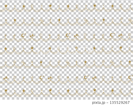 Hand-drawn gold star and moon garland-style horizontal border set, decorative lines, glitter, night sky, decoration Hand-drawn gold star and moon garland-style horizontal border set, decorative lines, glitter, night sky, decoration 135529267