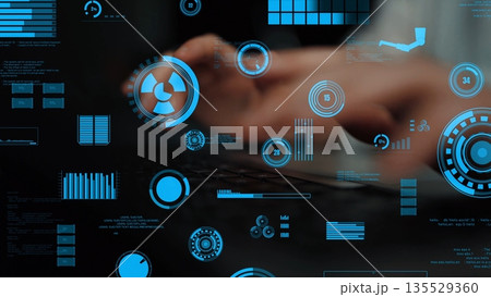 Futuristic Data Visualization with Hands Typing on Keyboard Surrounded by Digital Graphs and Computer Interface Elements in Soft Blue Tones xenic 135529360