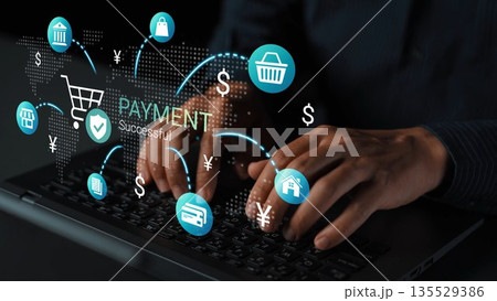 Hands using laptop for online payment with success notification, digital currency symbols, shopping cart icons, and global connectivity elements Gluon Hands using laptop for online payment with success notification, digital currency symbols, shopping cart icons, and global connectivity elements Gluon 135529386