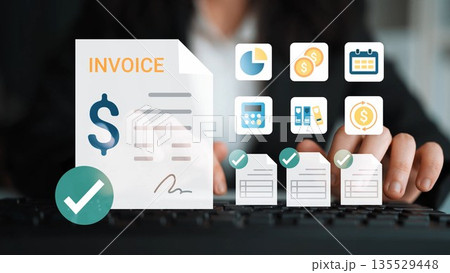 Businessman Processing Invoice with Financial Data and Digital Icons for Accounting, Payment Transactions, and Budget Management Tasks Gluon 135529448