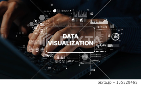 Hands Typing on Keyboard with Data Visualization Graphics Overlay in Dark Office Setting. Asymptotic smart data analytic 135529465
