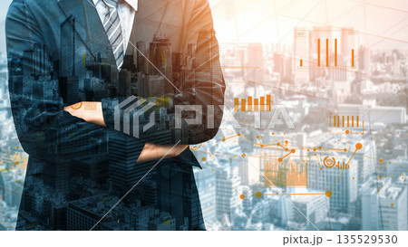 Professional businessman standing confidently with city skyline and digital graphs overlay illustrating business growth and innovation concepts for corporate success xenic Professional businessman standing confidently with city skyline and digital graphs overlay illustrating business growth and innovation concepts for corporate success xenic 135529530
