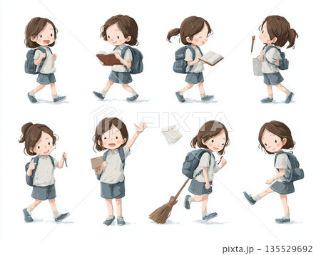 日本の小学生 学校生活の動作イラストセット｜私服・ランドセル 135529692