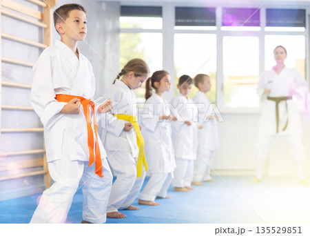 Young karate students gather in dojo 135529851
