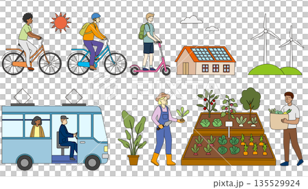 Illustration set of diverse people using sustainable society and renewable energy Illustration set of diverse people using sustainable society and renewable energy 135529924