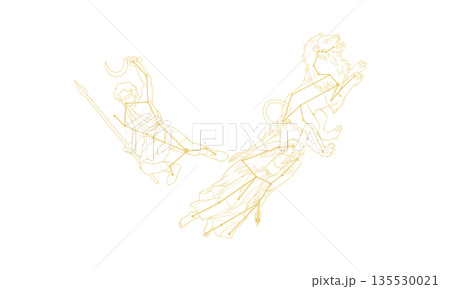 春の大三角の線画イラスト（ゴールド色の星座絵と星座線） 135530021