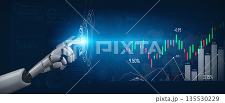 Futuristic Robot Hand Interacting with Digital Financial Data and Stock Market Trends in a High-Tech Environment Scalp 135530229