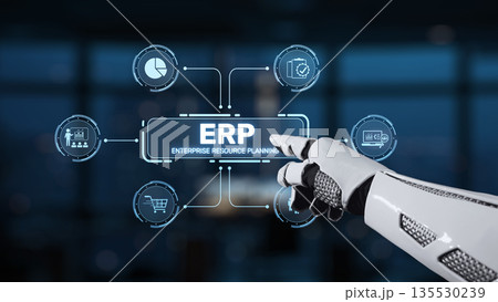 Futuristic Robot Hand Interacting with Digital Interface Symbols Representing Enterprise Resource Planning Concepts and Data Management Systems Synapse 135530239