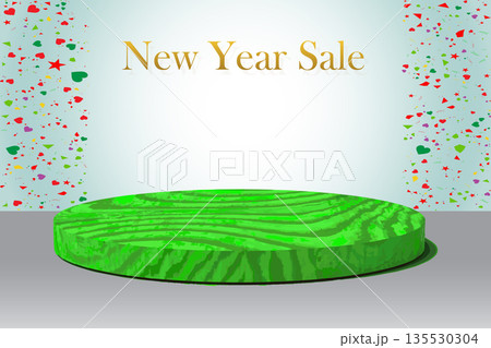 New Year Sale Celebration On Green Circular Podium With Confetti Background. 135530304