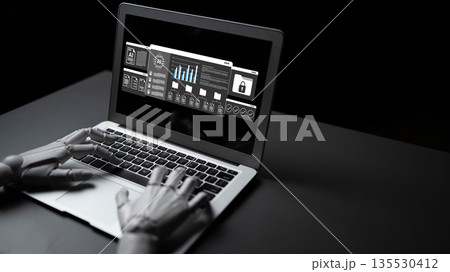 Robotic Hand Operating Laptop with User Interface Display, Data Analysis, Technology and Innovation Concept in Modern Digital Environment Gantry 135530412