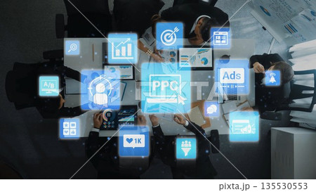 Marketing online strategy with digital advertising, PPC, social media and SEO icons Funnel Marketing online strategy with digital advertising, PPC, social media and SEO icons Funnel 135530553