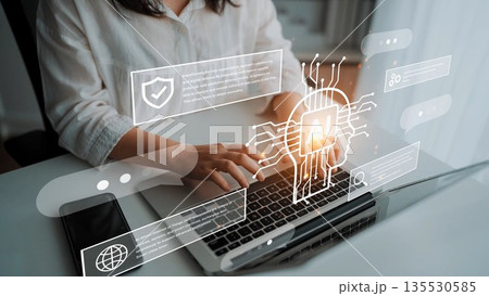 Woman Using Laptop with Artificial Intelligence Graphics on Screen, Innovative Technology Concept, Modern Workspace, Digital Transformation Process Gluon 135530585
