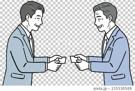 一幅線條畫,描繪了兩位身著西裝的日本商人面帶微笑地交換名片。 一幅線條畫,描繪了兩位身著西裝的日本商人面帶微笑地交換名片。 135530589