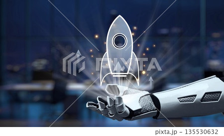 Futuristic robotic hand presenting rocket icon with motion effect in modern office environment showcasing technology and innovation concepts Synapse 135530632
