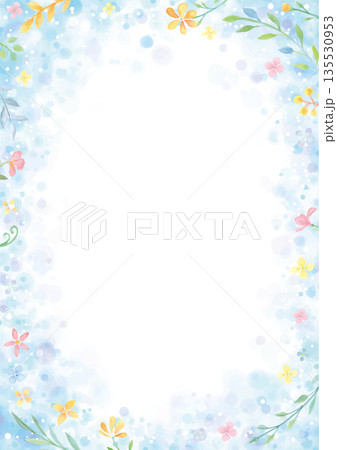 ふわふわした水色の丸と水彩のかわいい植物の白い背景 135530953