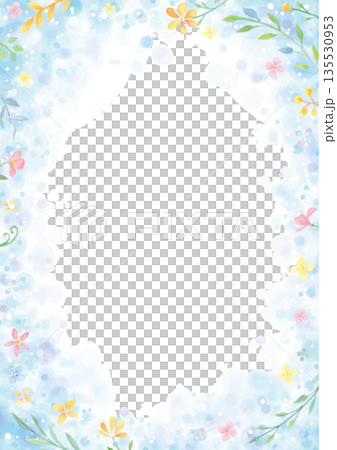 ふわふわした水色の丸と水彩のかわいい植物の白い背景 135530953
