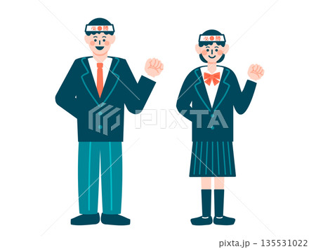 受験生の学生男女が必勝のハチマキを巻いてガッツポーズをしているイラスト 135531022