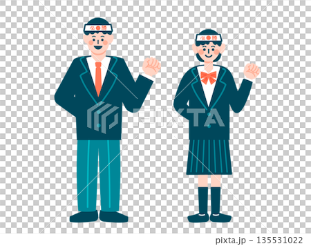 受験生の学生男女が必勝のハチマキを巻いてガッツポーズをしているイラスト 135531022