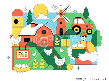 Poultry Farm Vector Illustration Featuring Chickens, Roosters, Straw, Cage, And Eggs On Green Field Scenery In Flat Cartoon Background Design 135531371