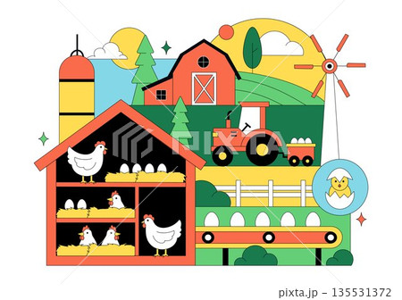 Poultry Farm Vector Illustration Featuring Chickens, Roosters, Straw, Cage, And Eggs On Green Field Scenery In Flat Cartoon Background Design 135531372