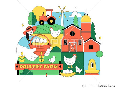 Poultry Farm Vector Illustration Featuring Chickens, Roosters, Straw, Cage, And Eggs On Green Field Scenery In Flat Cartoon Background Design 135531373