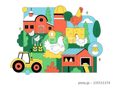 Poultry Farm Vector Illustration Featuring Chickens, Roosters, Straw, Cage, And Eggs On Green Field Scenery In Flat Cartoon Background Design 135531374