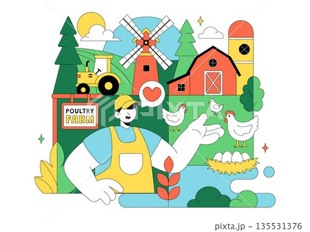 Poultry Farm Vector Illustration Featuring Chickens, Roosters, Straw, Cage, And Eggs On Green Field Scenery In Flat Cartoon Background Design 135531376