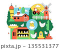 Poultry Farm Vector Illustration Featuring Chickens, Roosters, Straw, Cage, And Eggs On Green Field Scenery In Flat Cartoon Background Design 135531377