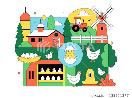 Poultry Farm Vector Illustration Featuring Chickens, Roosters, Straw, Cage, And Eggs On Green Field Scenery In Flat Cartoon Background Design Poultry Farm Vector Illustration Featuring Chickens, Roosters, Straw, Cage, And Eggs On Green Field Scenery In Flat Cartoon Background Design 135531377