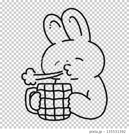Cute rabbit cooling down a hot drink - line drawing 135531392