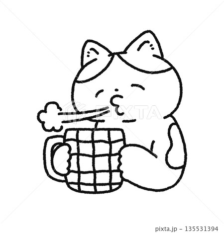熱い飲み物を冷ます可愛いネコ　線画 135531394