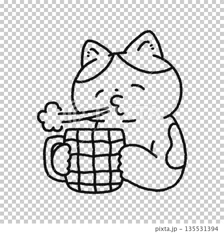 Cute cat cooling a hot drink line drawing 135531394